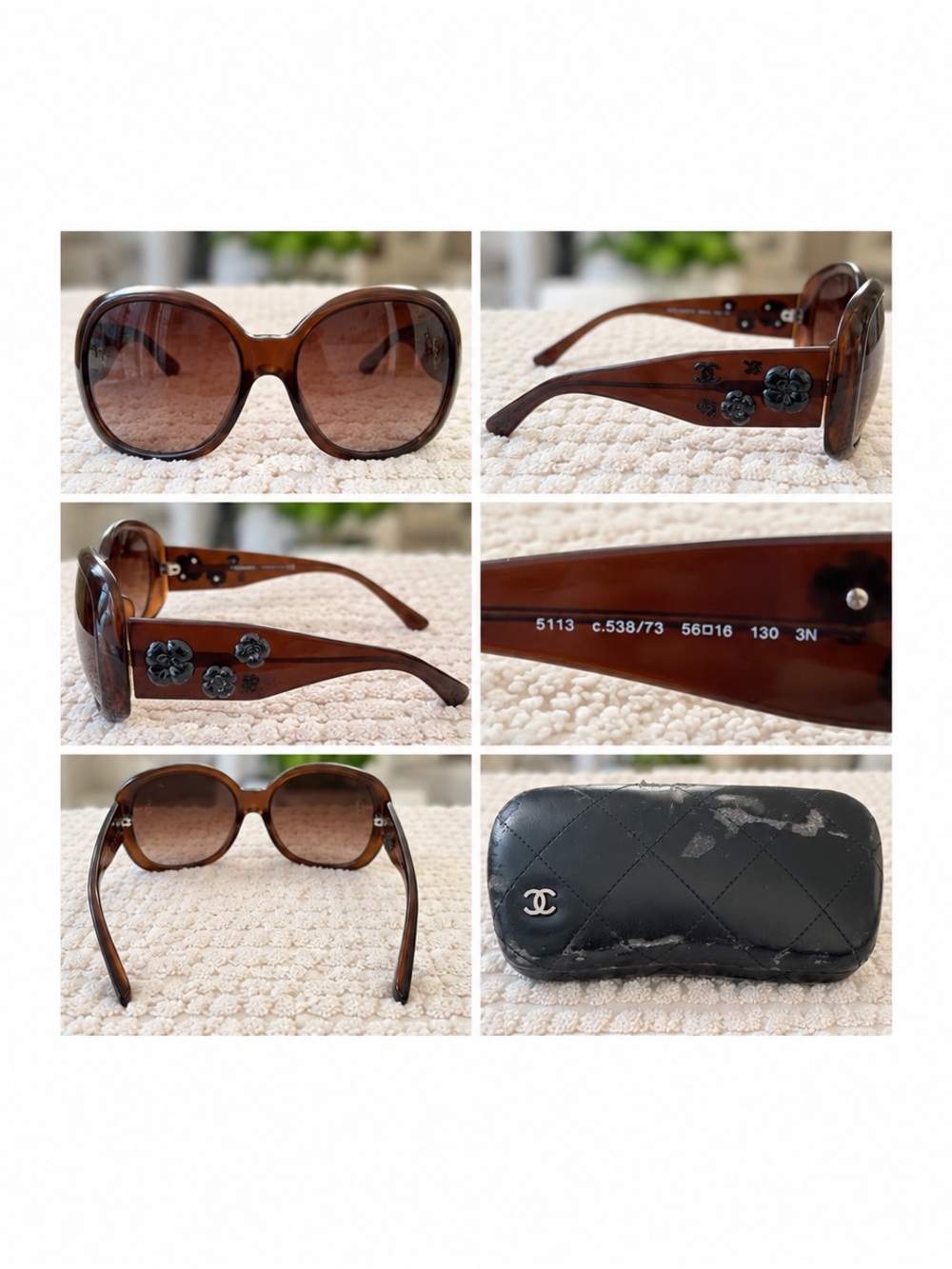 CHANEL Brown Tortoiseshell Sunglasses with Black Floral Temples